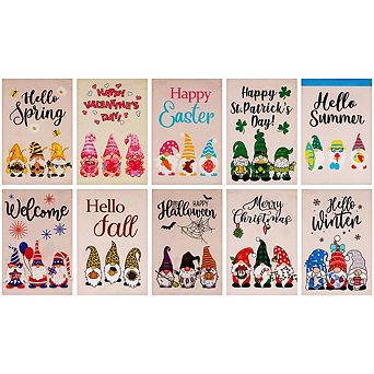 G128 Garden Flag Holiday Gnomes Set #1 12"x18" Burlap 10 pc