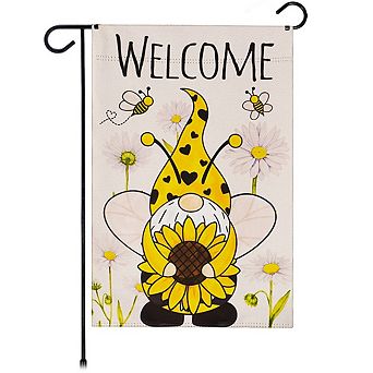 G128 Garden Flag Welcome Bee Gnome with Sunflower 12"x18" Blockout