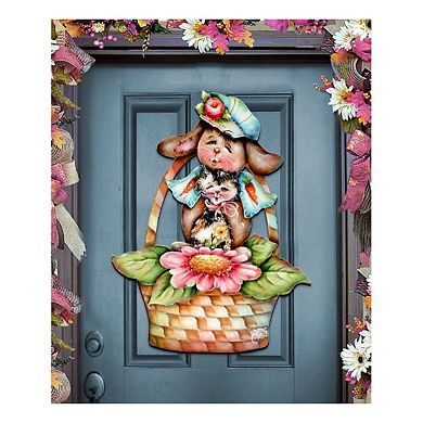 Flower Basket Friends Easter 24-Inch Handcrafted Wooden Door Decor by J. Mills-Price - Spring Decor