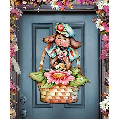 Flower Basket Friends Easter 24-Inch Handcrafted Wooden Door Decor by J. Mills-Price - Spring Decor
