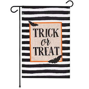 G128 Garden Flag Trick or Treat Bats and Black and White Stripes 12"x18" Burlap