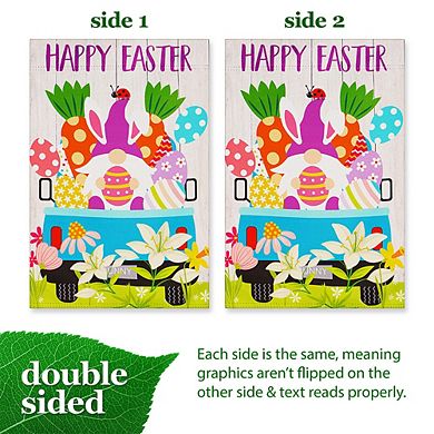 G128 Garden Flag Happy Easter Gnome in Truck 12"x18" Blockout