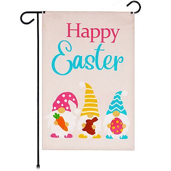 G128 Garden Flag Happy Easter 3 Gnomes with Carrot Chocolate Bunny Egg 12"x18" Burlap