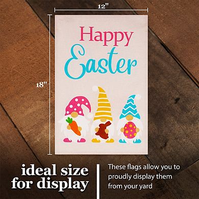 G128 Garden Flag Happy Easter 3 Gnomes with Carrot Chocolate Bunny Egg 12"x18" Burlap