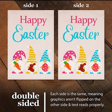 G128 Garden Flag Happy Easter 3 Gnomes with Carrot Chocolate Bunny Egg 12"x18" Burlap