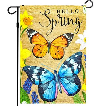 G128 Garden Flag Hello Spring Butterflies Flowers 12"x18" 150D
