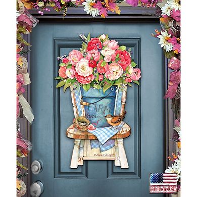 Peonies Bouquet Easter 24-Inch Handcrafted Wooden Door Decor by Susan Winget - Easter Spring Decor