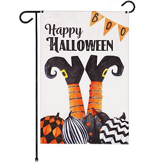 G128 Garden Flag Happy Halloween Witch Feet and Spooky Pumpkins 12"x18" Burlap
