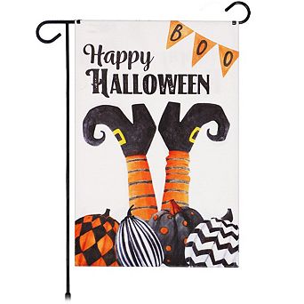 G128 Garden Flag Happy Halloween Witch Feet and Spooky Pumpkins 12"x18" Burlap