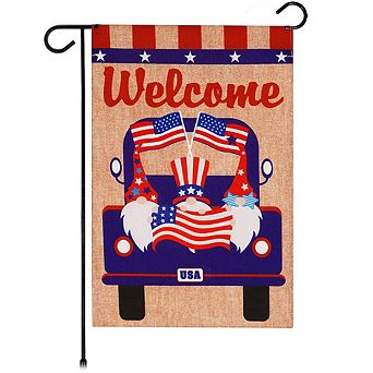 G128 Garden Flag Welcome 3 Gnomes in Patriotic Truck 12"x18" Burlap