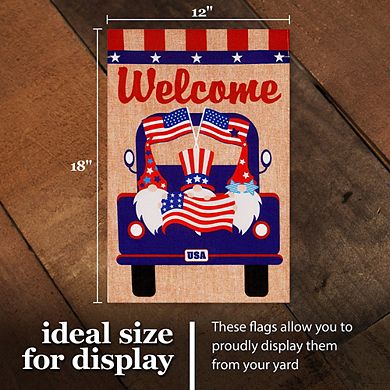 G128 Garden Flag Welcome 3 Gnomes in Patriotic Truck 12"x18" Burlap