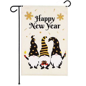 G128 Garden Flag Happy New Year 3 Celebrating Gnomes 12"x18" Burlap