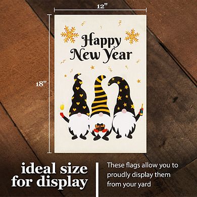 G128 Garden Flag Happy New Year 3 Celebrating Gnomes 12"x18" Burlap