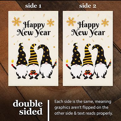 G128 Garden Flag Happy New Year 3 Celebrating Gnomes 12"x18" Burlap
