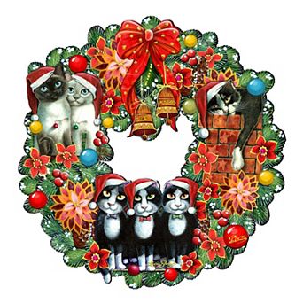 Christmas Friends Kitty 24-Inch Handcrafted Wooden Door Wreath by G. DeBrekht - Pets Decor
