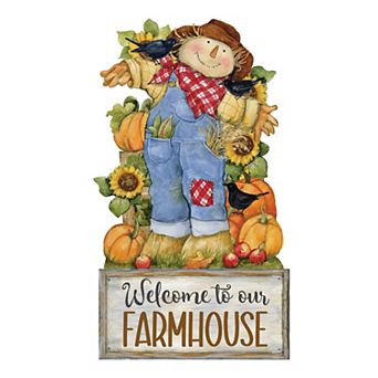 Harvest Scarecrow Thanksgiving Welcome Sign 20-Inch Handcrafted Wooden Door Décor by Susan Winget