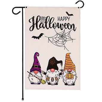 G128 Garden Flag Happy Halloween 3 Gnomes Spider Web 12"x18" Burlap