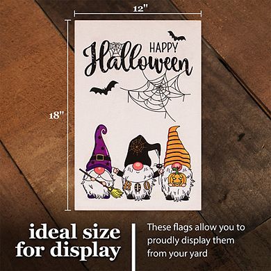 G128 Garden Flag Happy Halloween 3 Gnomes Spider Web 12"x18" Burlap