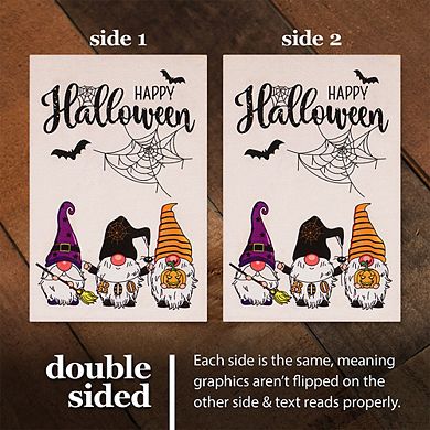 G128 Garden Flag Happy Halloween 3 Gnomes Spider Web 12"x18" Burlap