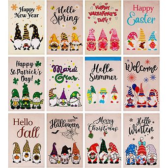 G128 Garden Flag Holiday Gnomes Set #1 12"x18" Burlap 12 pc