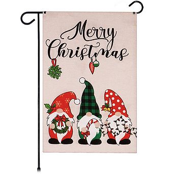 G128 Garden Flag Merry Christmas 3 Festive Gnomes 12"x18" Burlap