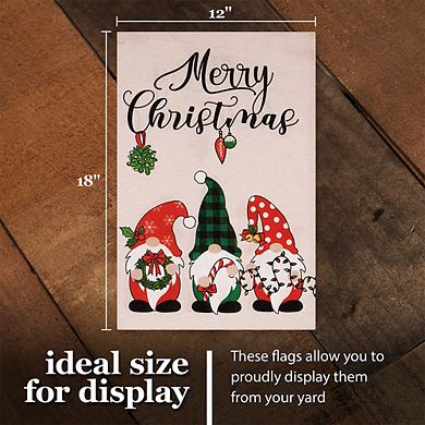 G128 Garden Flag Merry Christmas 3 Festive Gnomes 12"x18" Burlap