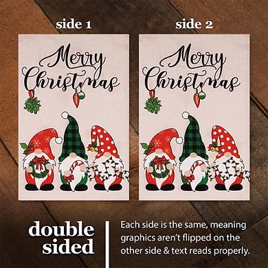 G128 Garden Flag Merry Christmas 3 Festive Gnomes 12"x18" Burlap