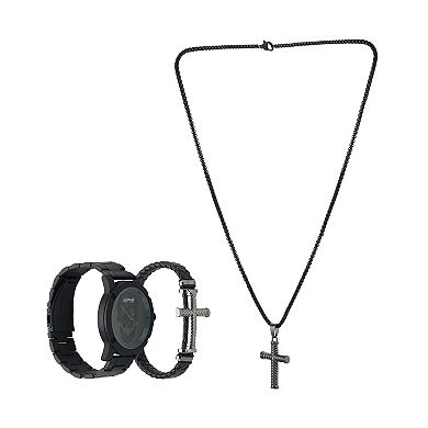 Ed Hardy Men's Black Metal Watch, Bracelet & Cross Necklace Gift Set