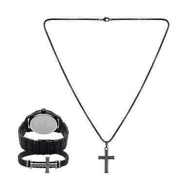Ed Hardy Men's Black Metal Watch, Bracelet & Cross Necklace Gift Set
