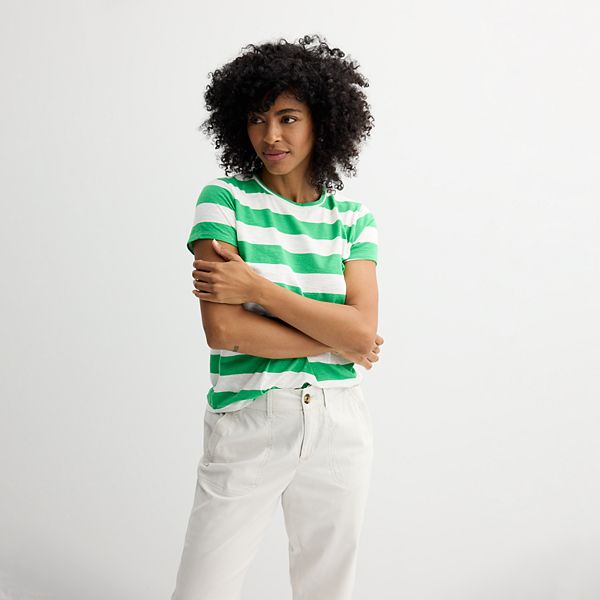 Women's Sonoma Goods For Life® Short-Sleeve Crew Tee - Green White Stripe (X SMALL)