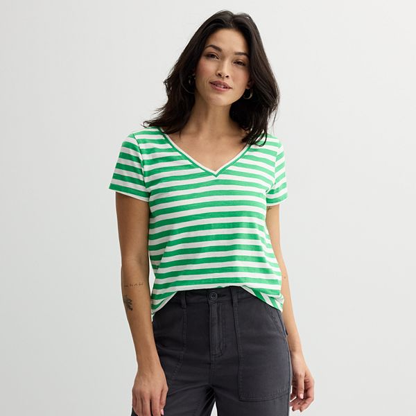 Women's Sonoma Goods For Life® Everyday Short Sleeve V-Neck Tee - Bright Green Stripe (SMALL)