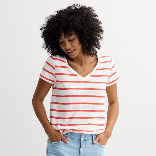 Women's Sonoma Goods For Life® Everyday Short Sleeve V-Neck Tee - Red White Stripe (MEDIUM)