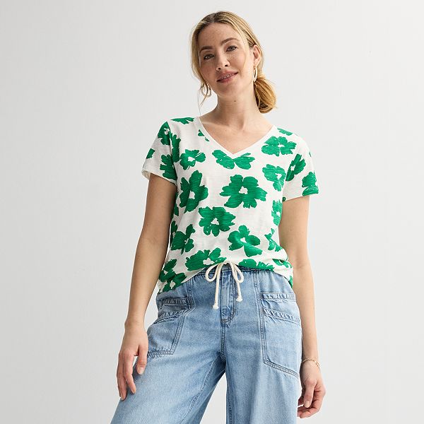 Women's Sonoma Goods For Life® Everyday Short Sleeve V-Neck Tee - White Green Floral (XX LARGE)