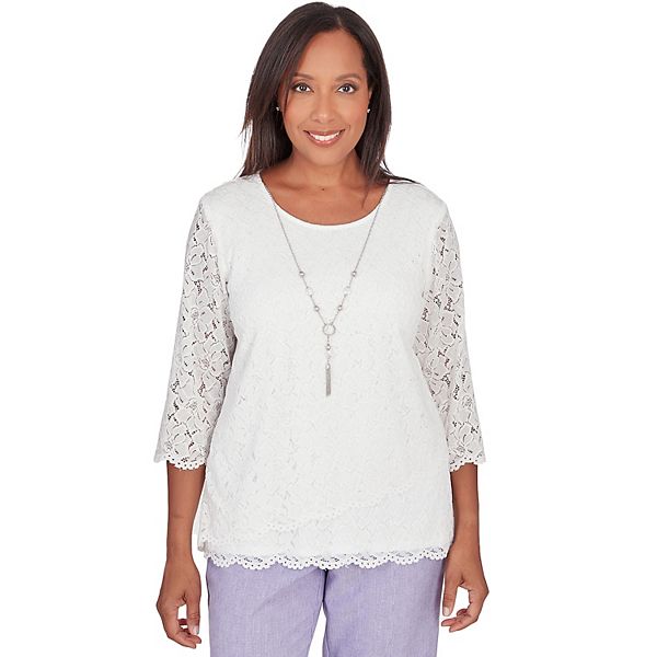 Petite Alfred Dunner Lace Tulip Hem Top with Necklace