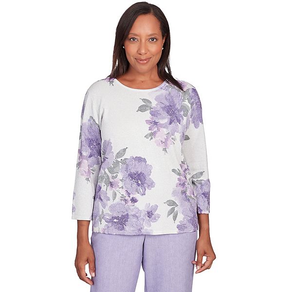 Petite Alfred Dunner Shimmer Floral Crewneck Sweater