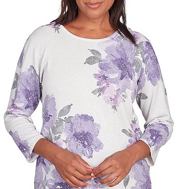 Petite Alfred Dunner Shimmer Floral Crewneck Sweater