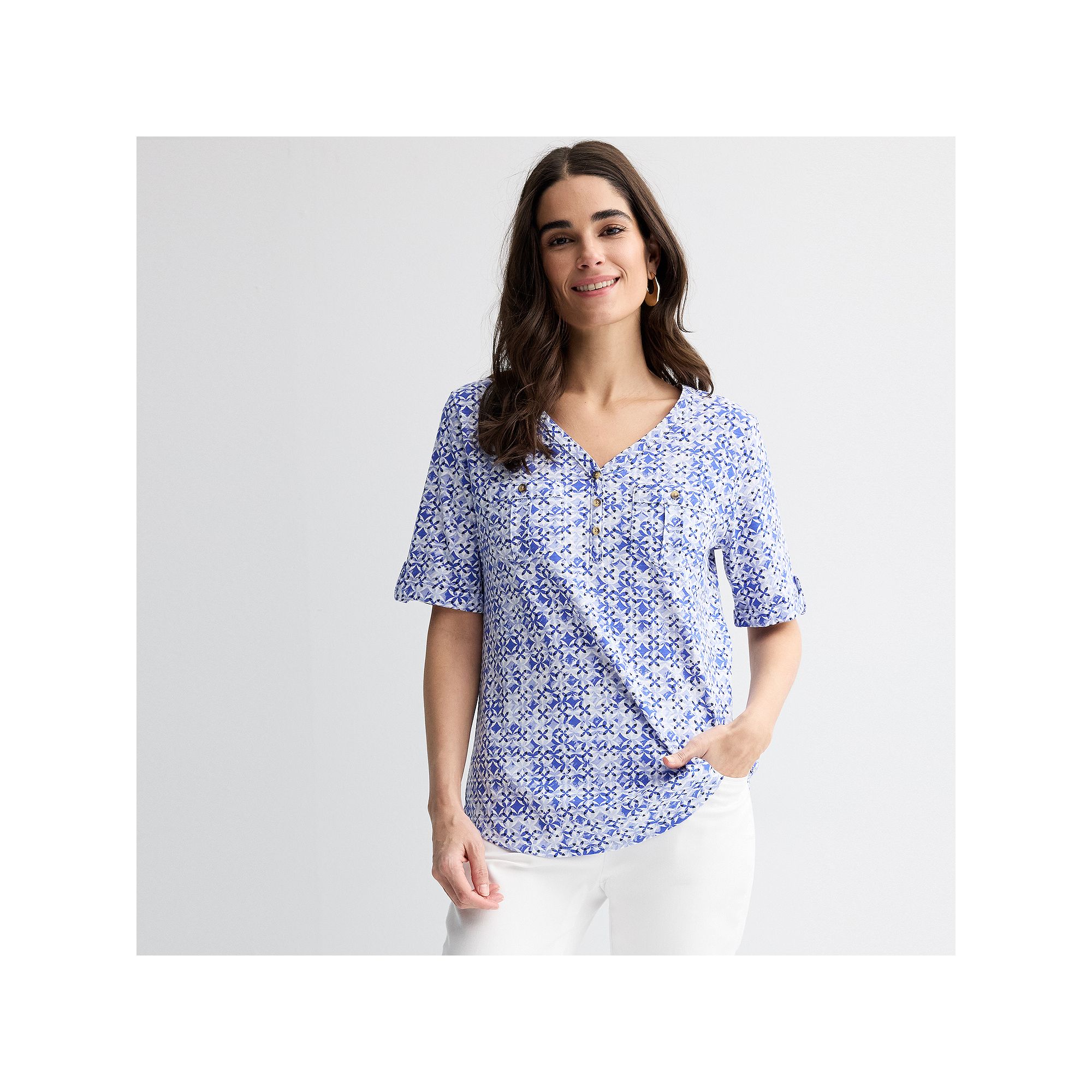 Petite Croft & Barrow® Elbow Sleeve Utility Henley Top, Womens, Size: XS 