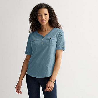 Petite Croft & Barrow® Elbow Sleeve Utility Henley Top