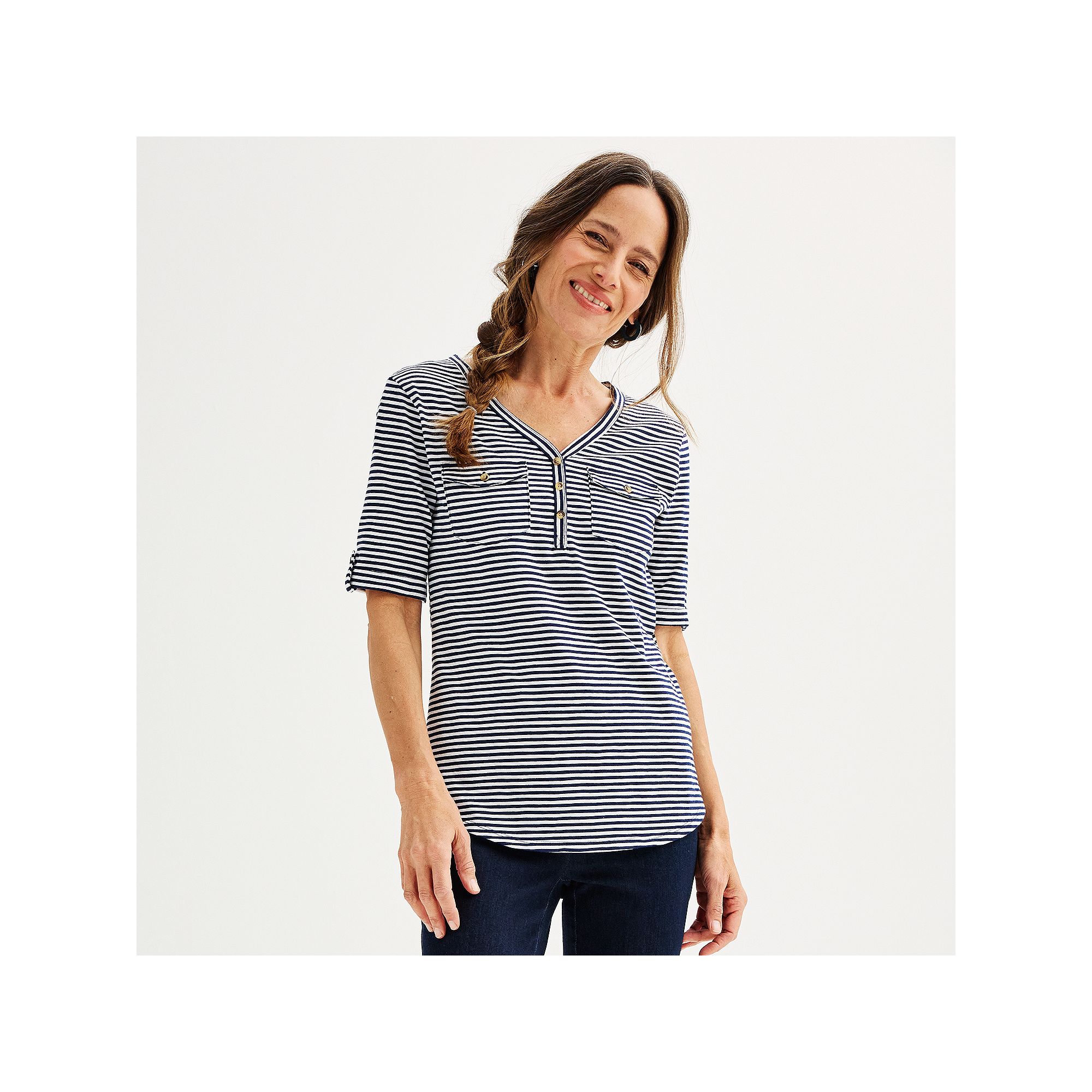 Petite Croft & Barrow® Elbow Sleeve Utility Henley Top, Womens, Size: XS 