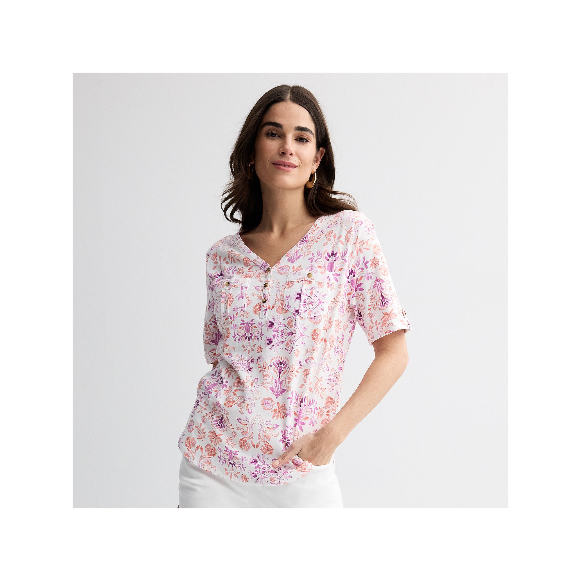 Petite Croft & Barrow® Elbow Sleeve Utility Henley Top, Womens, Size: XS 