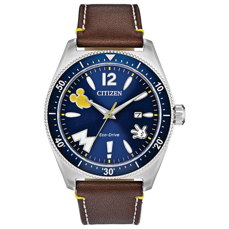 Disney's 100th Anniversary Mickey Mouse Men's Eco-Drive Vintage Leather Strap Watch by Citizen - AW1599-00W, Size: Large, Brown