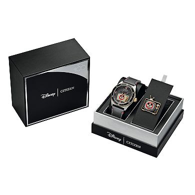 Disney 100th Anniversary Men's Eco-Drive Mickey Mouse Grey Leather Strap Watch and Pin Box Set by Citizen - AW1794-47W 