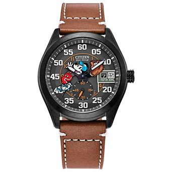 Disney's 100th Anniversary Mickey Mouse Men's Eco-Drive Batter's Up Brown Leather Strap Watch by Citizen - BV1089-05W