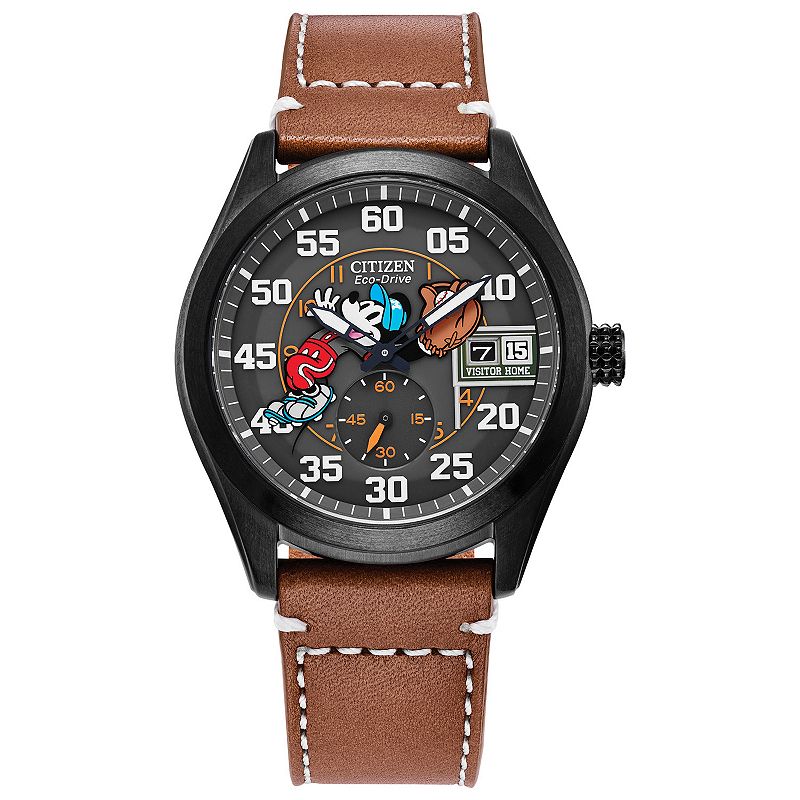 Disney's 100th Anniversary Mickey Mouse Men's Eco-Drive Batter's Up Brown Leather Strap Watch by Citizen - BV1089-05W, Size: Large