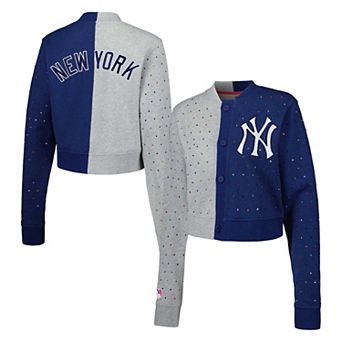 Women's Gray/Navy New York Yankees Cropped Button-Up Cardigan