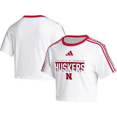 Women's adidas White Nebraska Huskers Three-Stripes Cropped T-Shirt