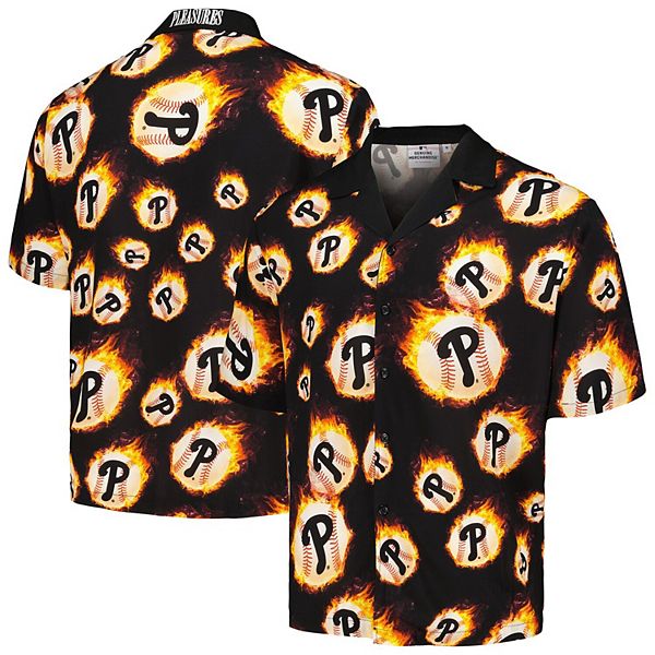 Men's Pleasures Black Philadelphia Phillies Flame Fireball Button-Up Shirt