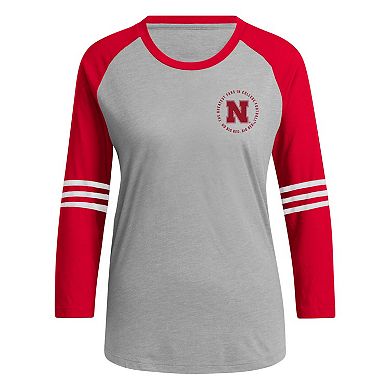 Women's adidas Gray Nebraska Huskers Baseball Raglan 3/4-Sleeve T-Shirt
