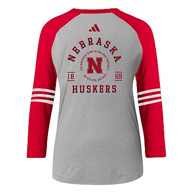 Women's adidas Gray Nebraska Huskers Baseball Raglan 3/4-Sleeve T-Shirt