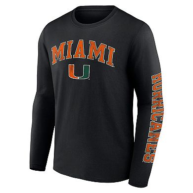 Men's Fanatics Branded Black Miami Hurricanes Distressed Arch Over Logo Long Sleeve T-Shirt